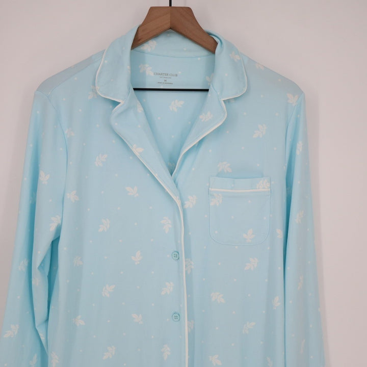 Charter Club Intimates Pajama Shirt Womens M Blue Floral Stretch Lapel Collar