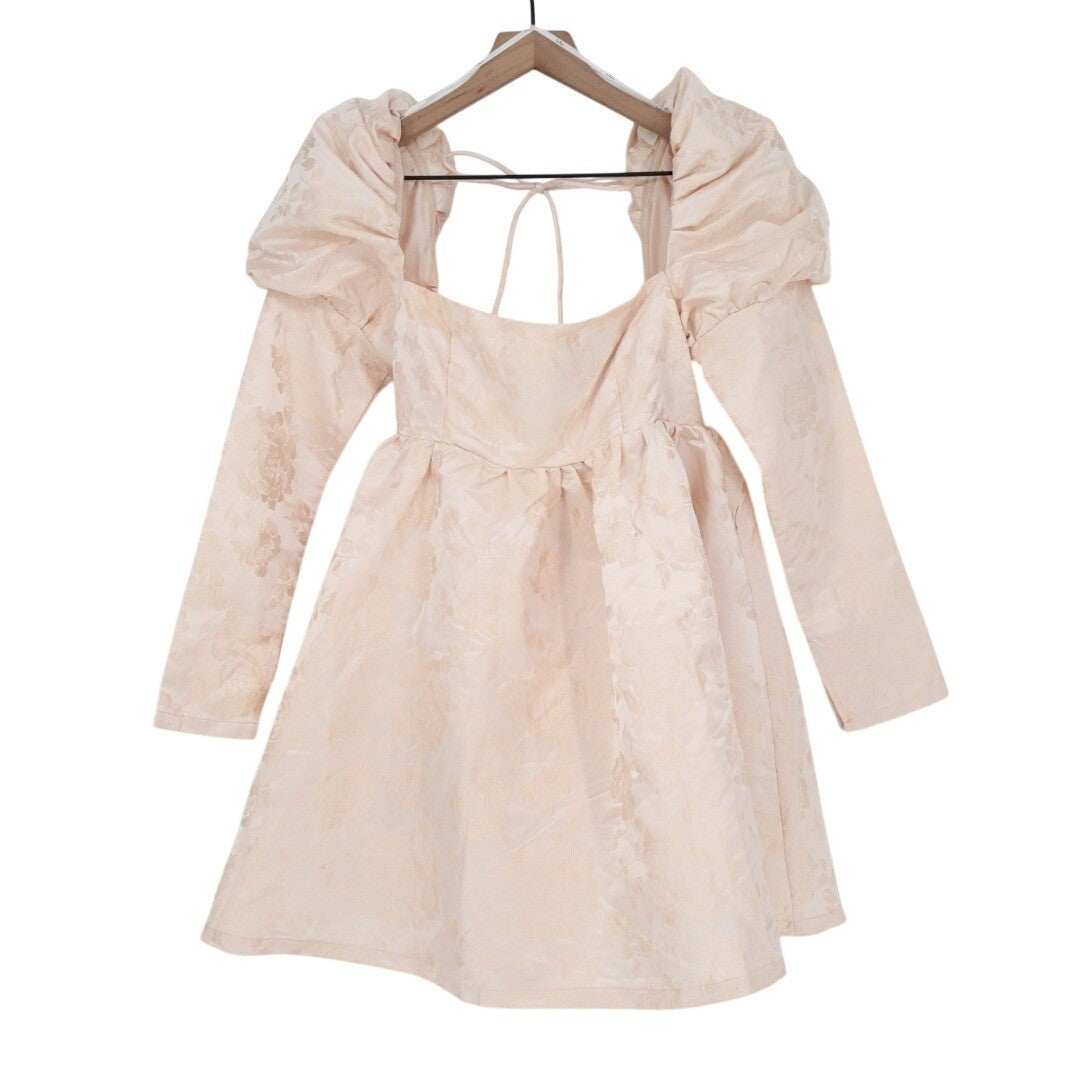 Lulus Lavish Sweetie Babydoll Mini Dress Womens S Blush Jacquard Puff Shoulder