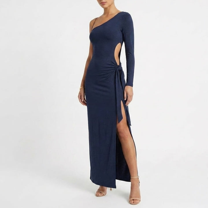 Naked Wardrobe Mens One Shoulder Maxi Dress Navy Blue Long Sleeve Side Tie S