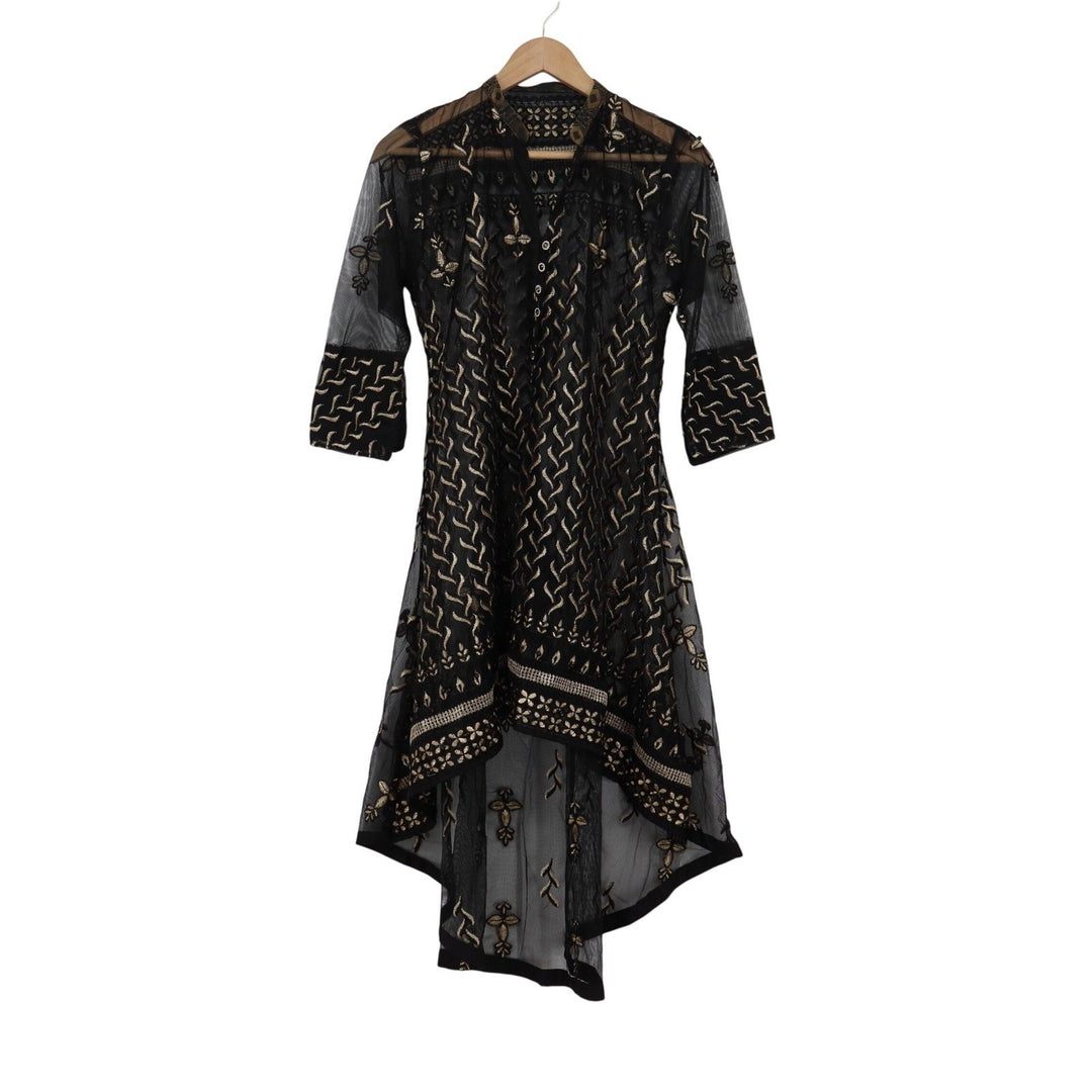 Black Gold Embroidered Mesh High Low Tunic Kurti Mandarin Collar Womens Medium