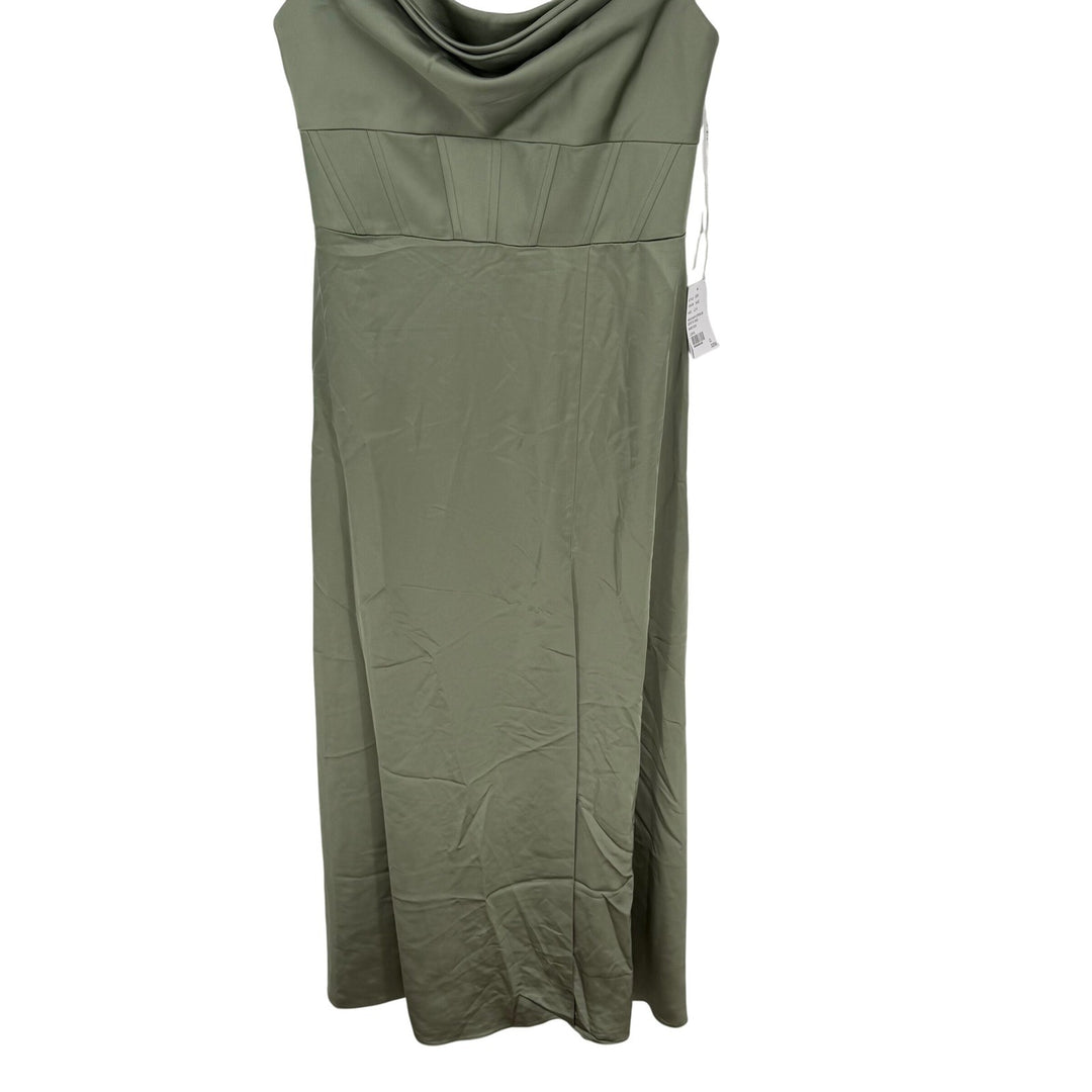 AFTER SIX Sage Green Satin Corset Drape Neck Off Shoulder Maxi Dress Size 12 R