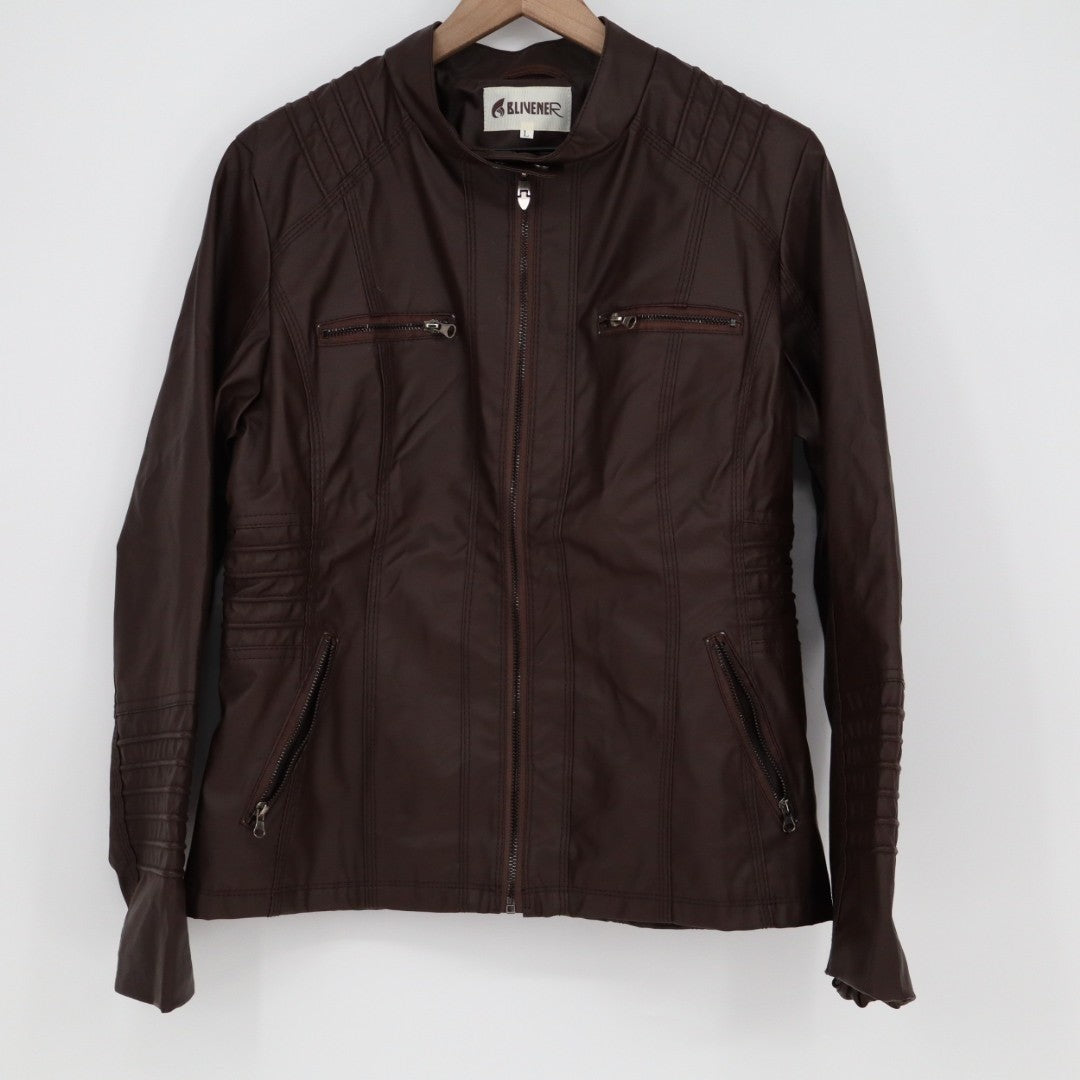Blivener Jacket Womens Large Brown Faux Leather Full Zip Pockets Long Sleeve
