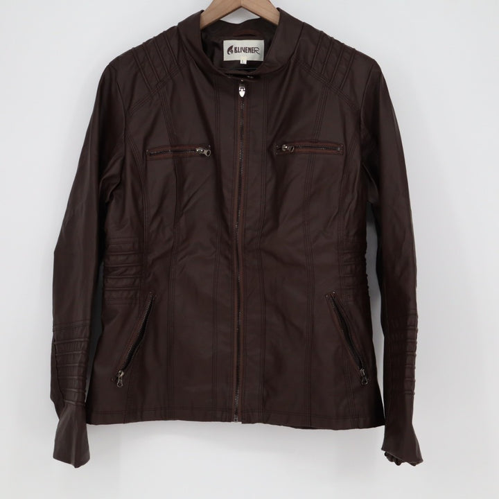 Blivener Jacket Womens Large Brown Faux Leather Full Zip Pockets Long Sleeve