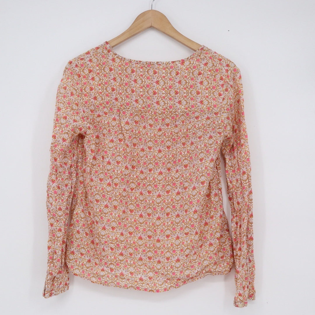 Gap Womens Small Pink Floral Block Print Long Sleeve Split V-Neck Blouse Top