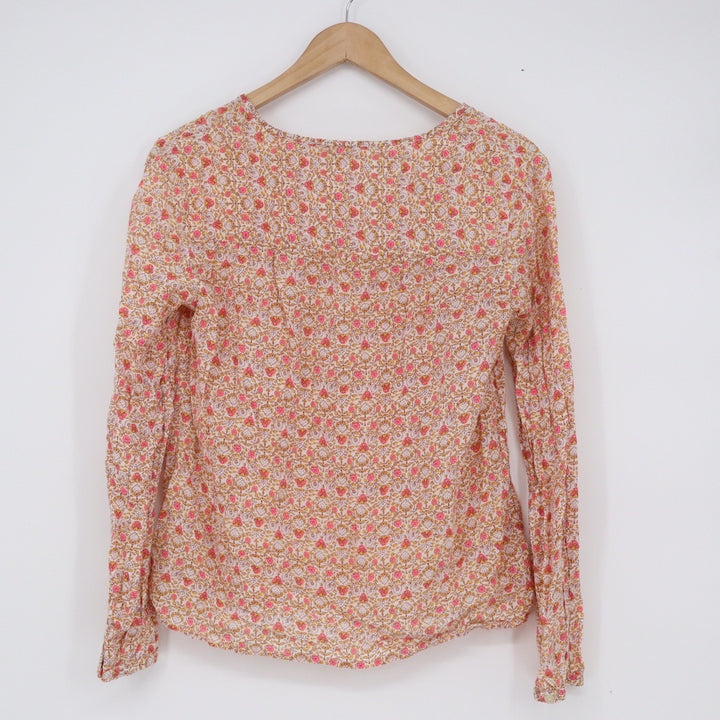 Gap Womens Small Pink Floral Block Print Long Sleeve Split V-Neck Blouse Top