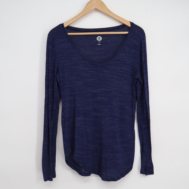 SO Women's Relaxed V-Neck Long Sleeve Space Dye Slub Top Navy Blue Size M