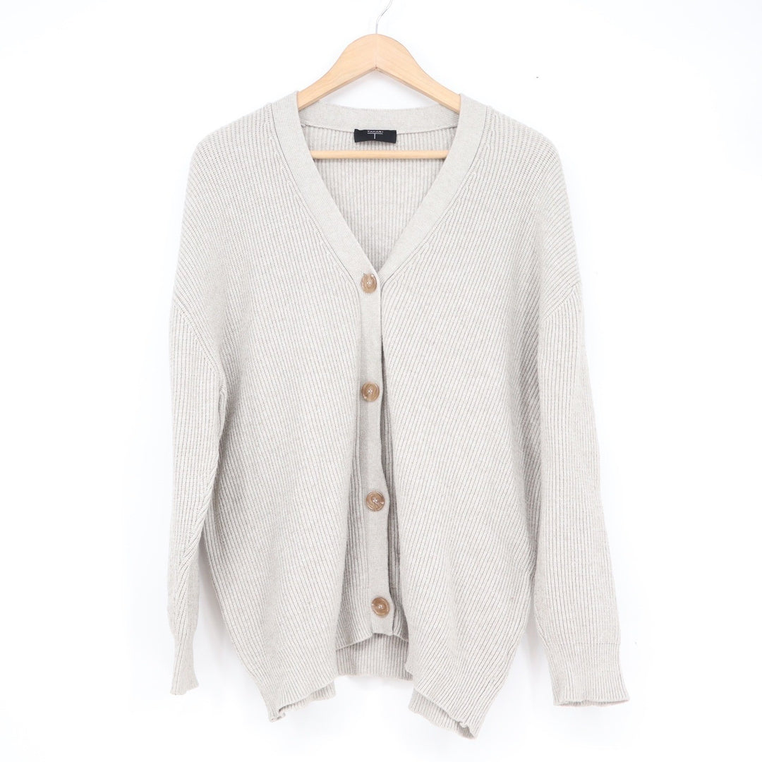 Tahari Womens Ribbed Knit V-Neck Button Front Cardigan Sweater Light Gray