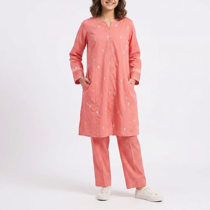 Pink Petals Girls Coral Pink Embroidered Kurta Set 2pc Tunic & Pants Size 17-18y