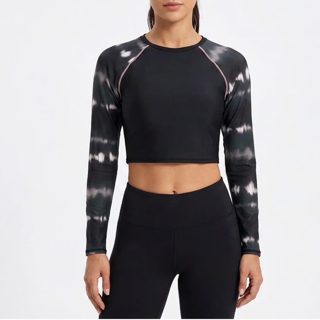 All in Motion Womens Black Tie Dye Long Sleeve Cropped Rash Guard Swim Top M