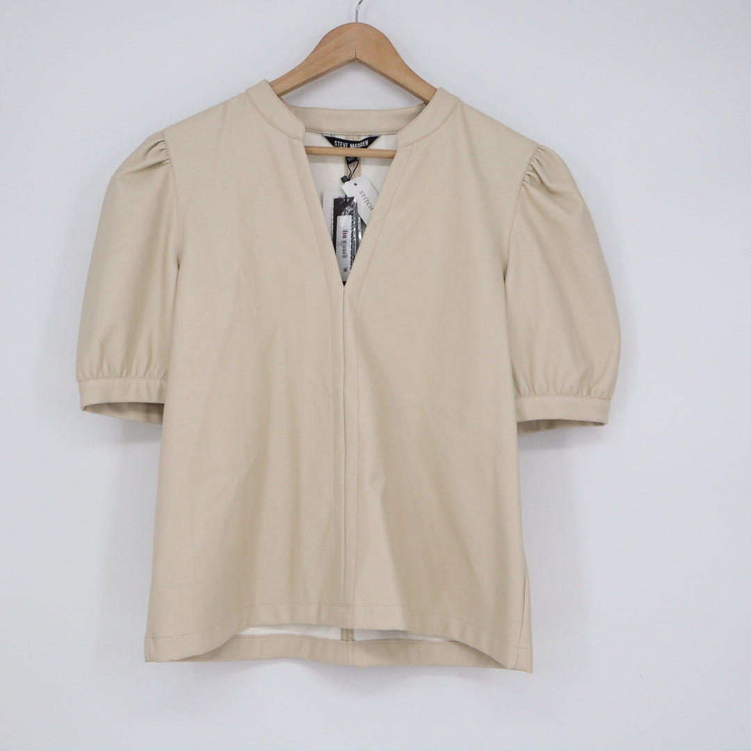 Steve Madden Jane V Neck Top Bone Beige Faux Leather Puff Sleeve Large