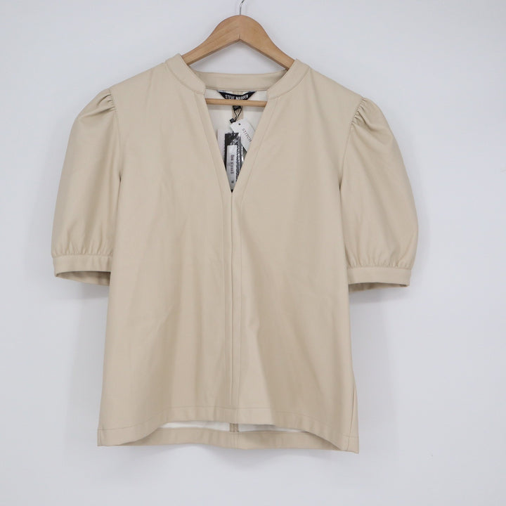 Steve Madden Jane V Neck Top Bone Beige Faux Leather Puff Sleeve Large