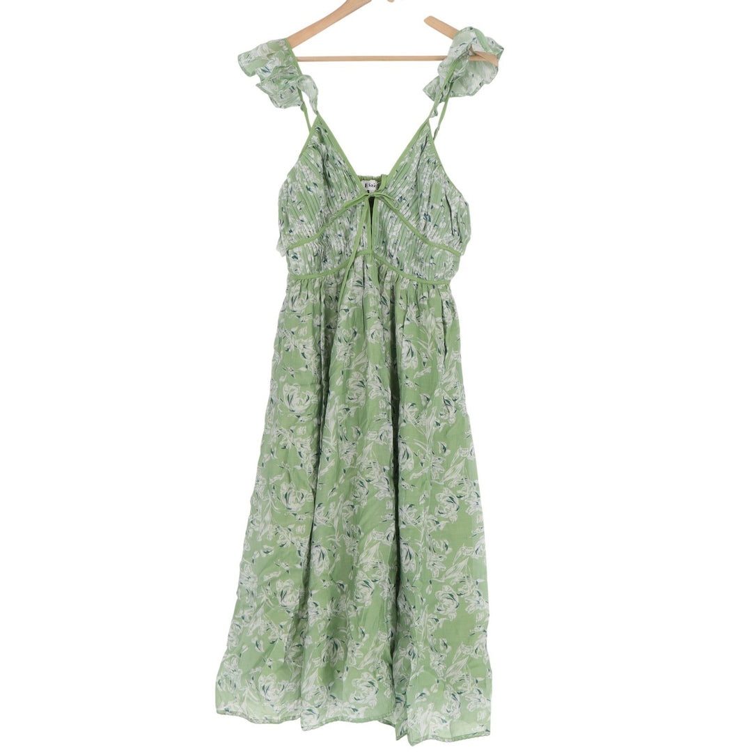 En Saison Green Floral Ruffle Strap Smocked Midi Dress Large