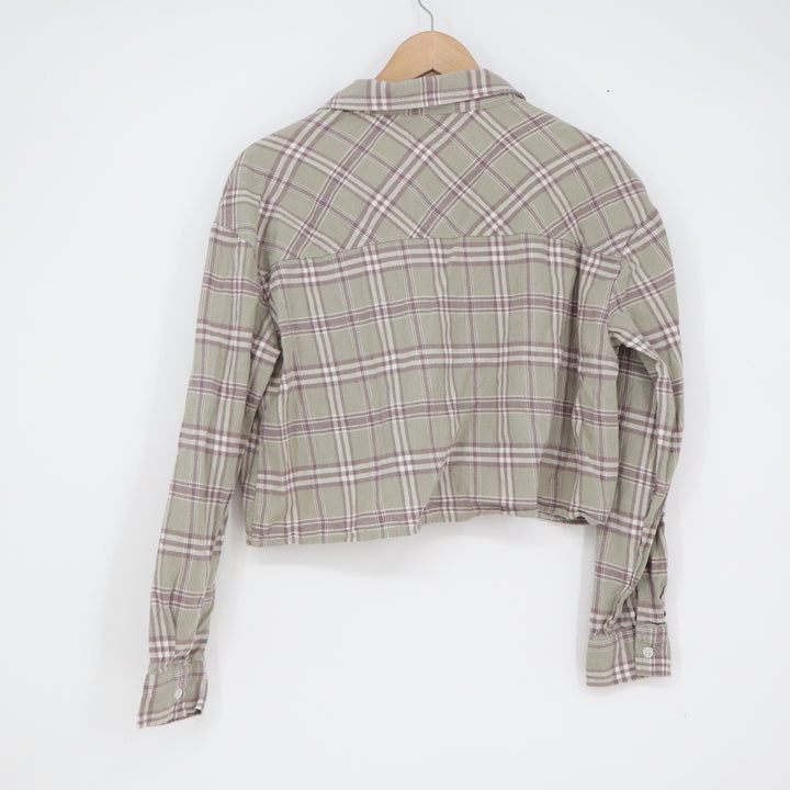 RSQ Womens Plaid Cropped Button Down Shirt Green Purple Cotton Size Medium
