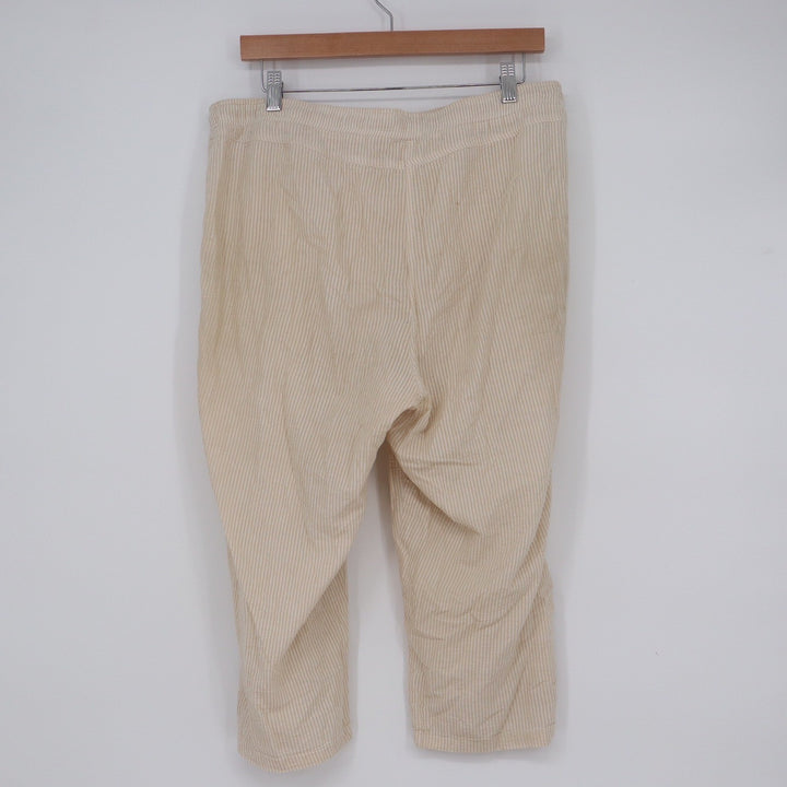 Rebecca Malone Tan White Striped Seersucker Capri Pants Large Drawstring Crop