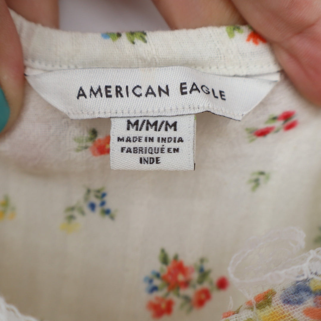 American Eagle Outfitters Crop Top Womens Medium White Floral Pleated Wide Strap