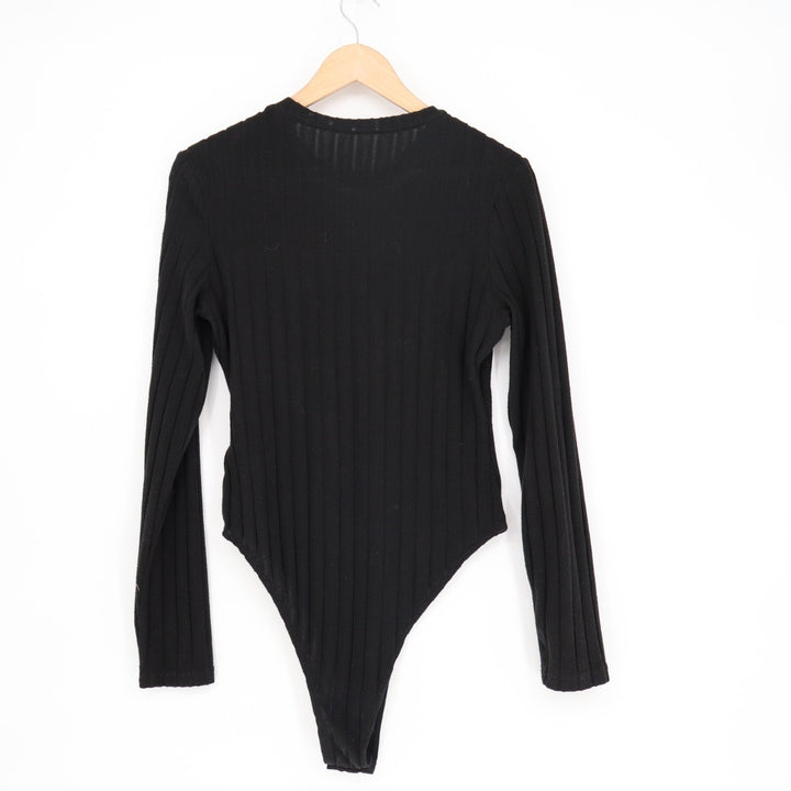 Shein One Piece Bodysuit Women Large Black Stretch Ribbed Knitted Crew Neck