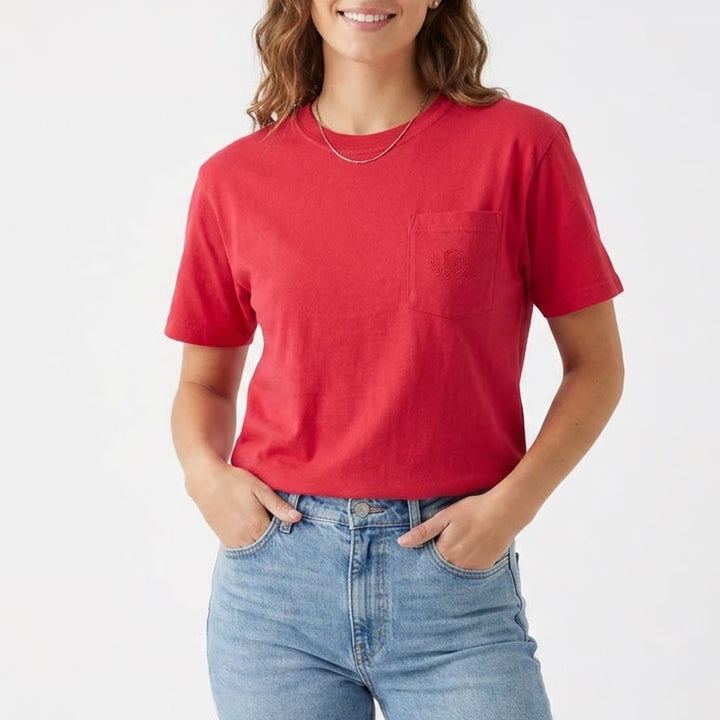 Vintage TJW by Mervyn's Red Pocket T-Shirt Mens Medium Cotton Heart Embroidery
