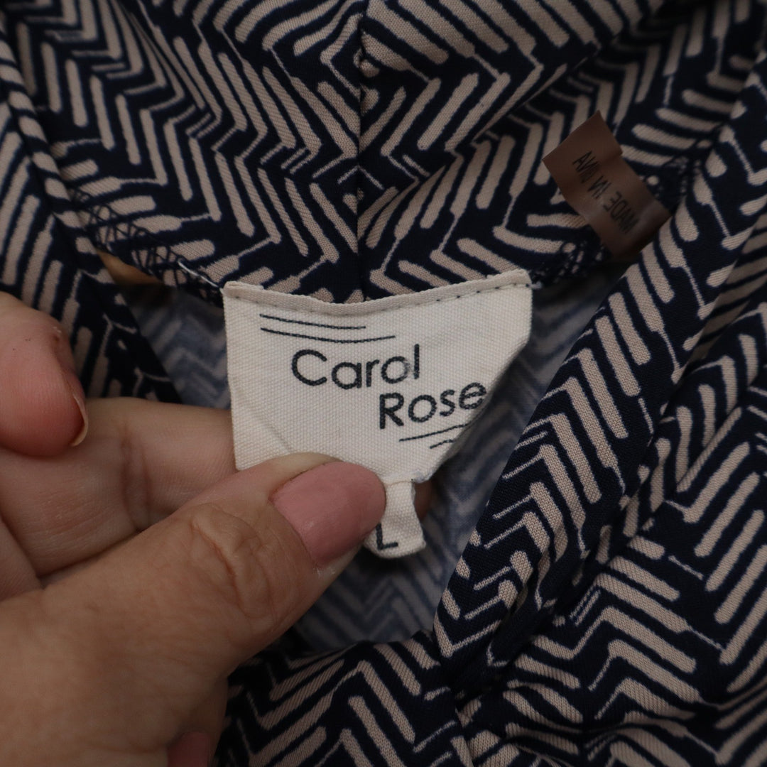 Carol Rose Navy Tan Chevron Print Sleeveless Mock Neck Drape Front Blouse Large