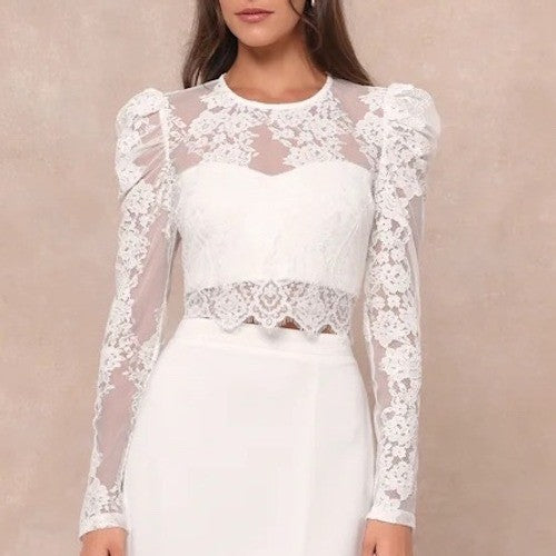 Lulus Heavenly Promise Crop Top Womens Medium White Sheer Lace Detail Round Neck