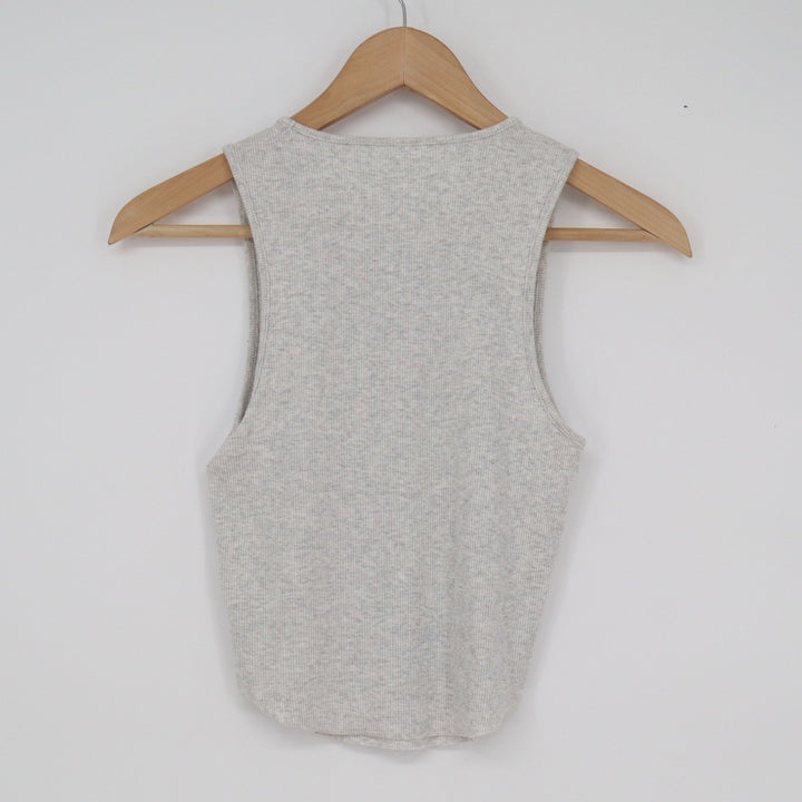 American Eagle Womens Small Gray Ribbed High Neck Tank Top Sleeveless Curved Hem