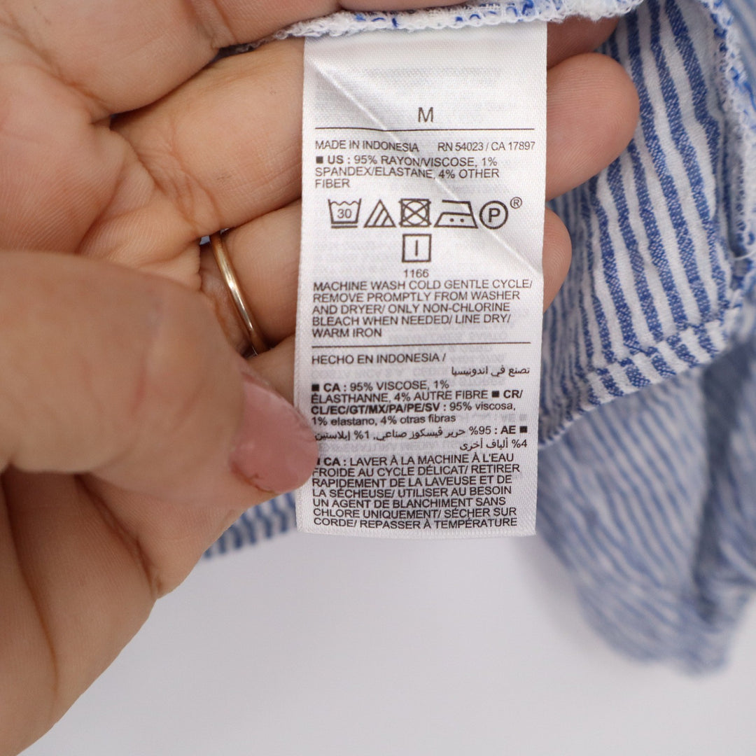 Old Navy Womens Blue White Striped Peasant Blouse V-Neck Balloon Sleeve Size M