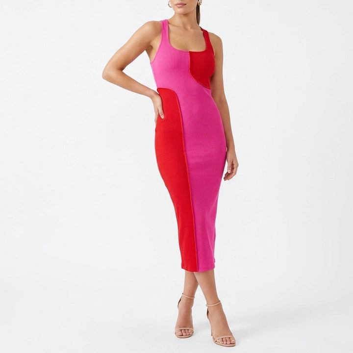 Naked Wardrobe Pink Red Colorblock Ribbed Midi Dress Womens Small