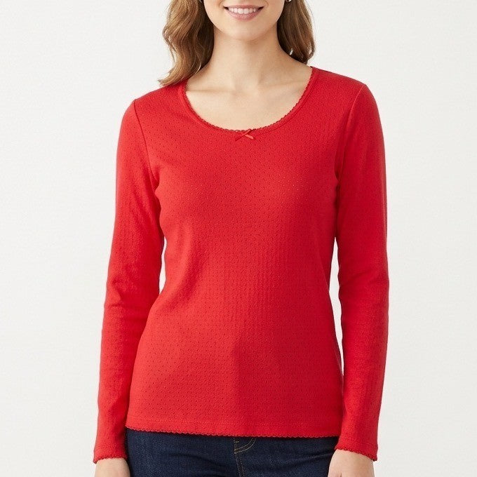 Charter Club T-Shirt Womens XS Red Cotton Knit Bow Round Neck Eyelet Long Sleeve