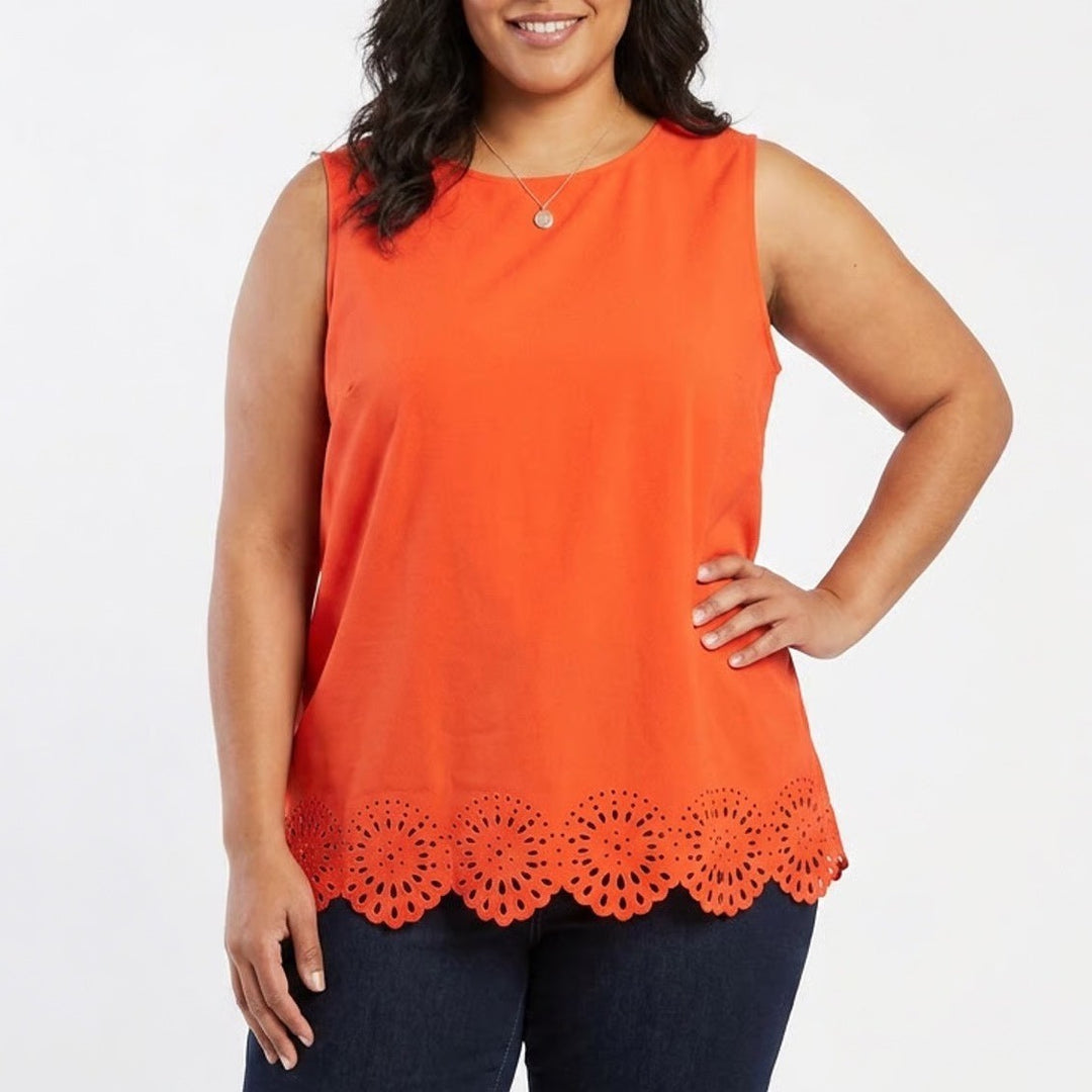 Liz Claiborne Woman 2X Orange Sleeveless Eyelet Scalloped Hem Blouse Top
