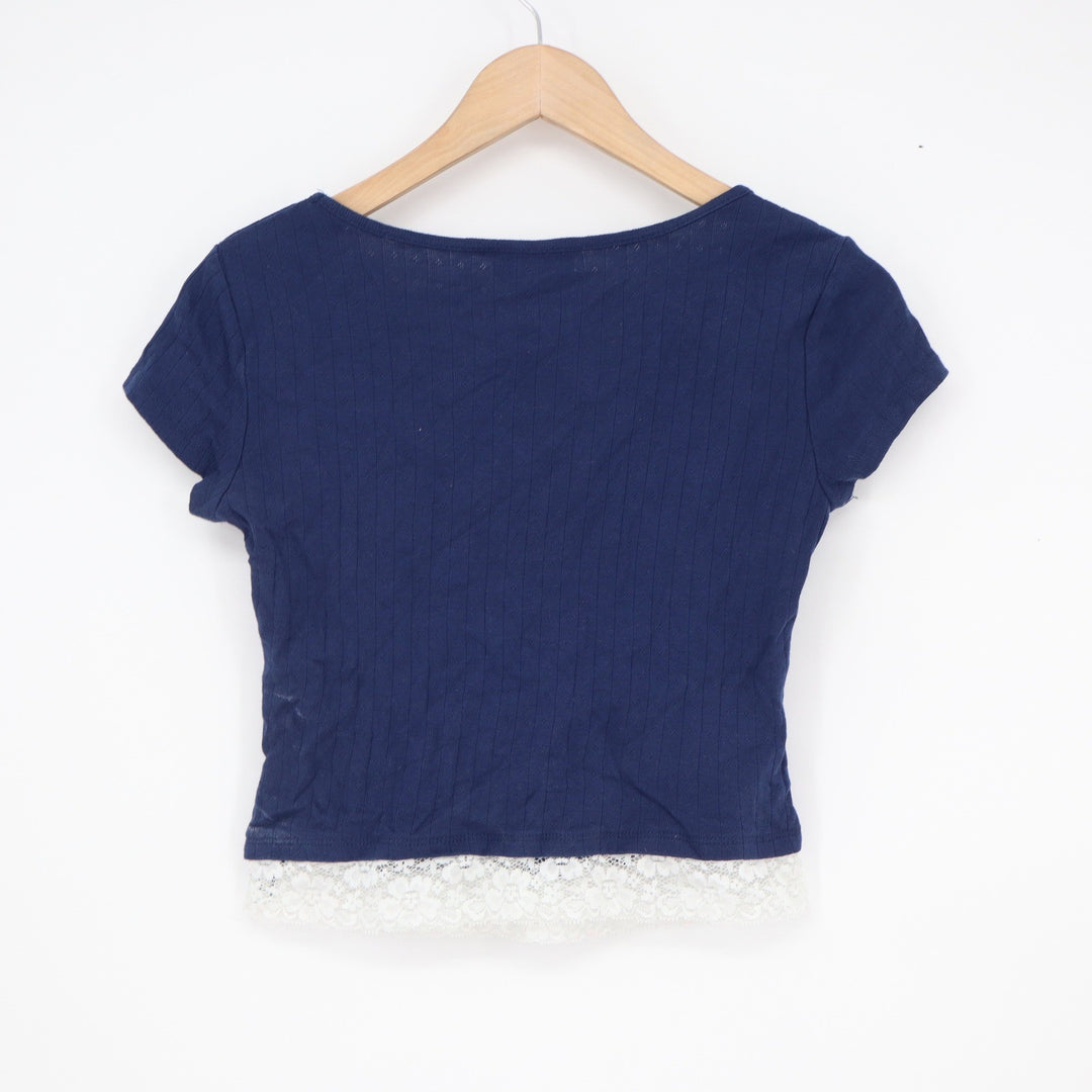 Just Polly New York Navy Blue Lace Trim Ribbed Sweetheart Top Size M J