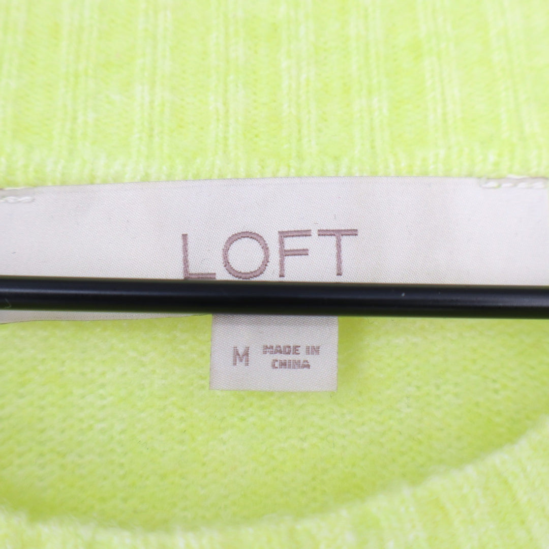 Loft Womens Neon Yellow Crewneck Fuzzy Knit Sweater Size M Ribbed Trim