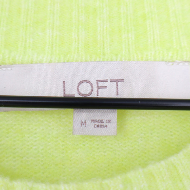 Loft Womens Neon Yellow Crewneck Fuzzy Knit Sweater Size M Ribbed Trim