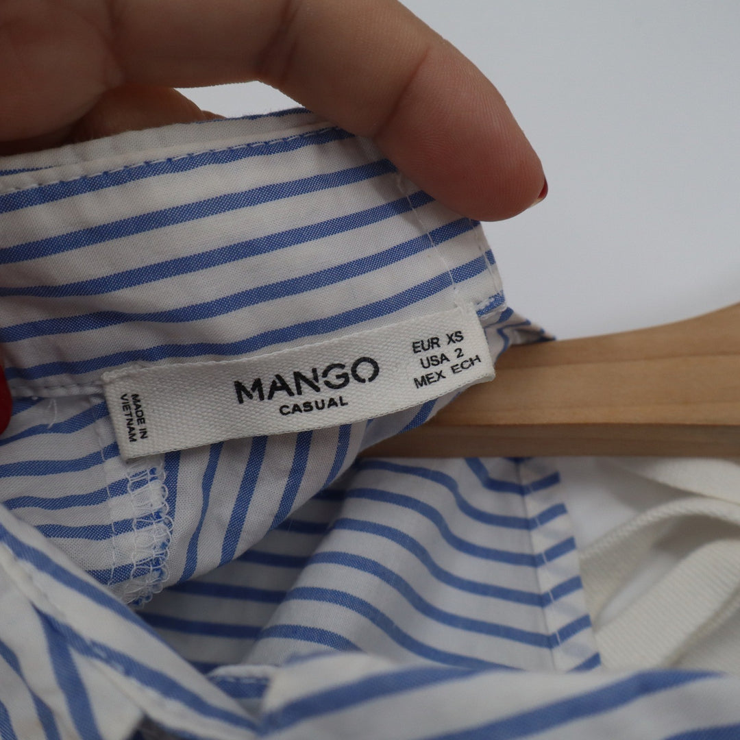 Mango Casual Blue White Striped Cotton Tie Back Short Sleeve Blouse Size 2 XS