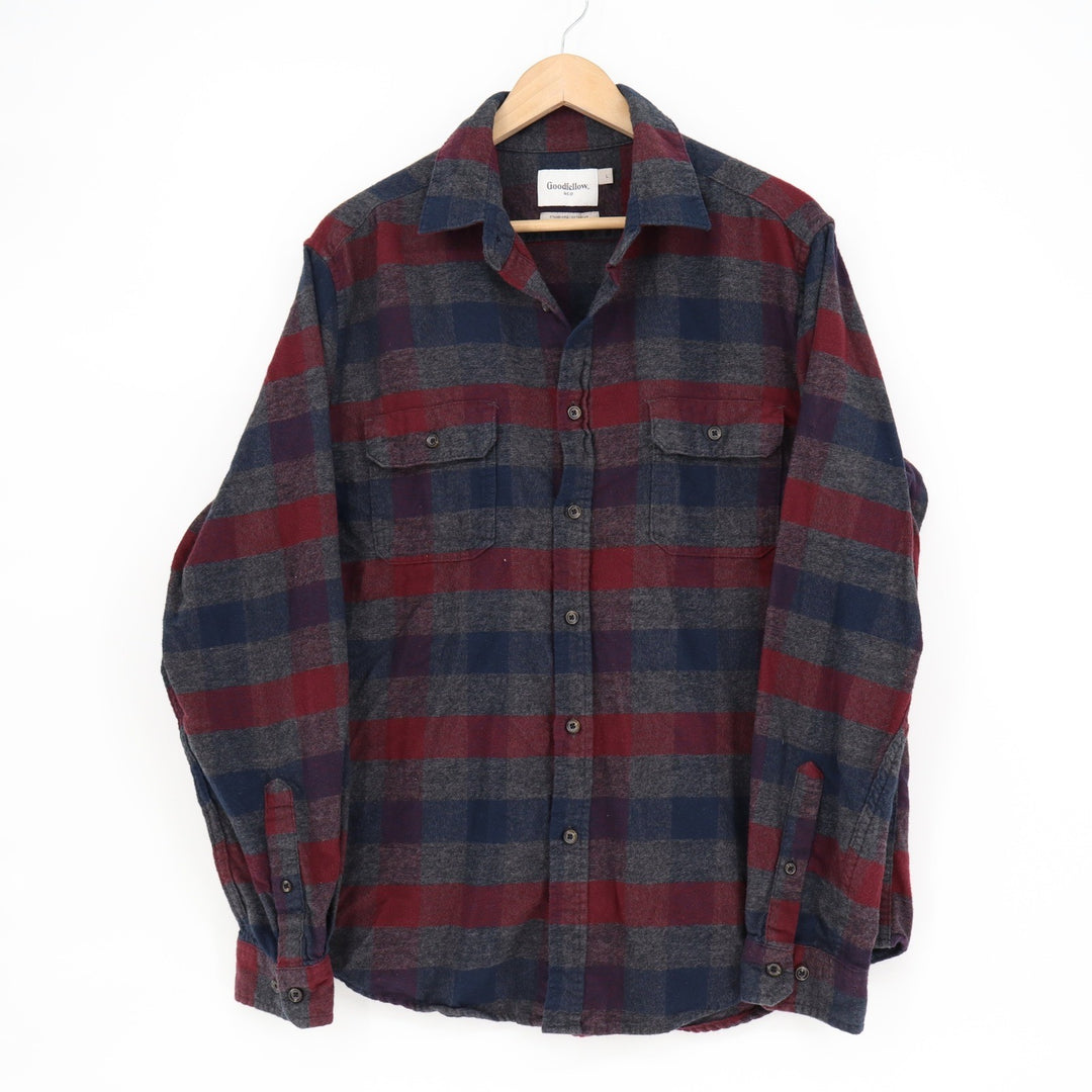 Goodfellow & Co Mens Large Red Navy Blue Plaid Flannel Button Down Shirt