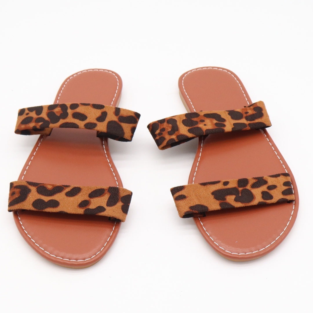 Leopard Print Double Strap Flat Slide Sandals Brown Tan Size 40
