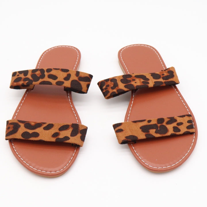 Leopard Print Double Strap Flat Slide Sandals Brown Tan Size 40