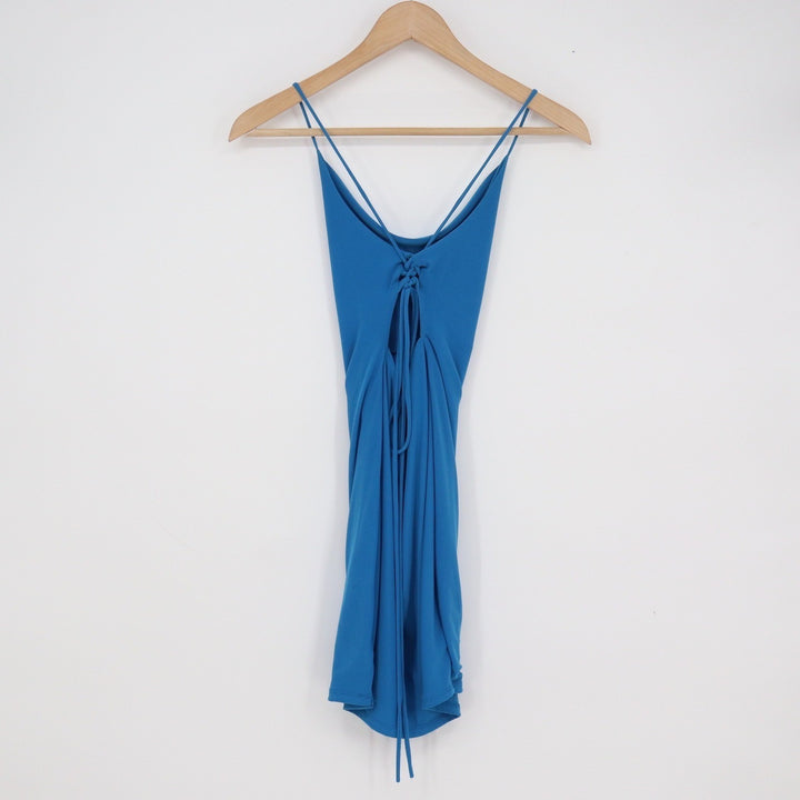 Spring Haze Blue Cowl Neck Lace Up Back Bodycon Mini Dress Small