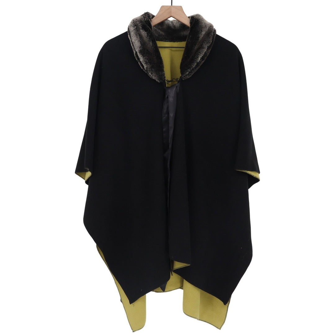 Black Chartreuse Yellow Faux Fur Collar Open Front Poncho Wrap Cape One Size