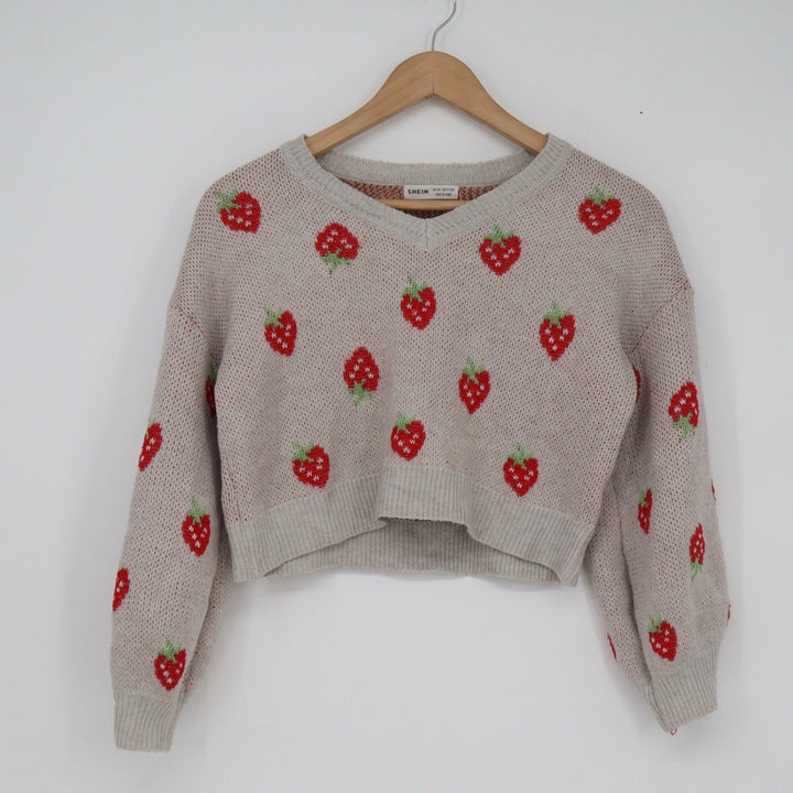 SHEIN Girls Strawberry Print Cropped V-Neck Sweater Beige Red Size 11-12Y