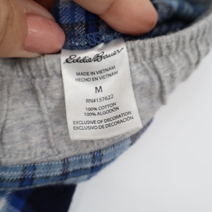 Eddie Bauer Lounge Mens Blue Plaid Cotton Pajama Pants Medium Drawstring