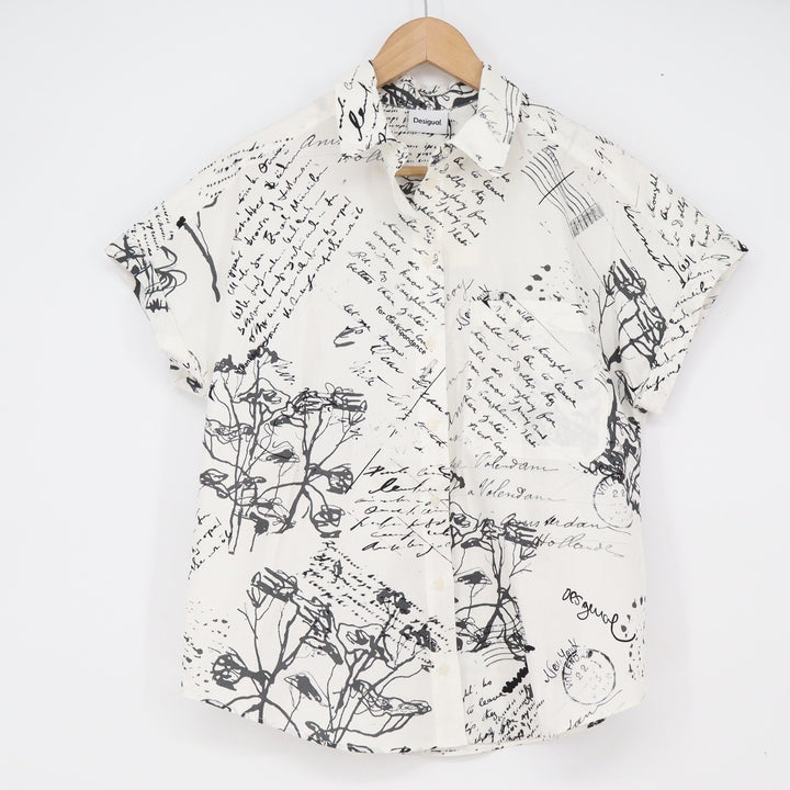 Desigual Shirt Women's S CAM_SOMA White Black Script Print Button-down New