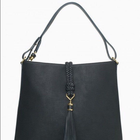 Stella Dot Hayes Tassel Hobo Black Textured Crossbody Shoulder Bag