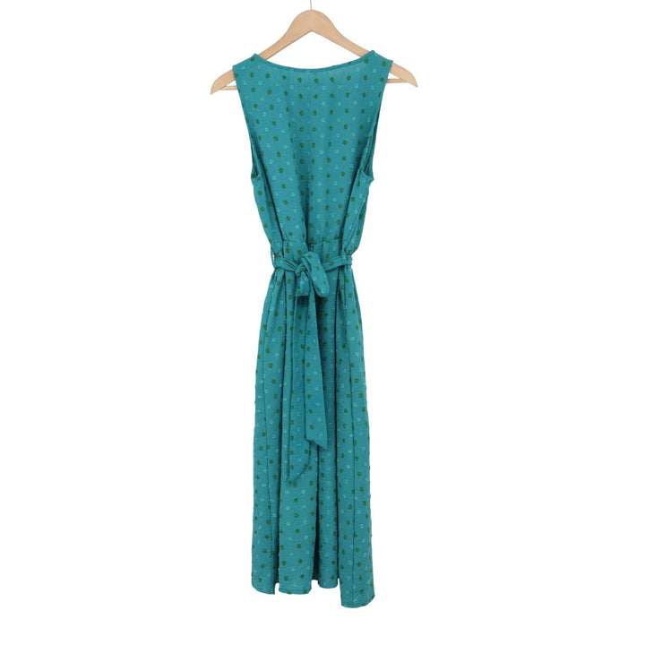 Teal Swiss Dot Sleeveless Tulip Wrap Midi Dress with Tie Waist Large