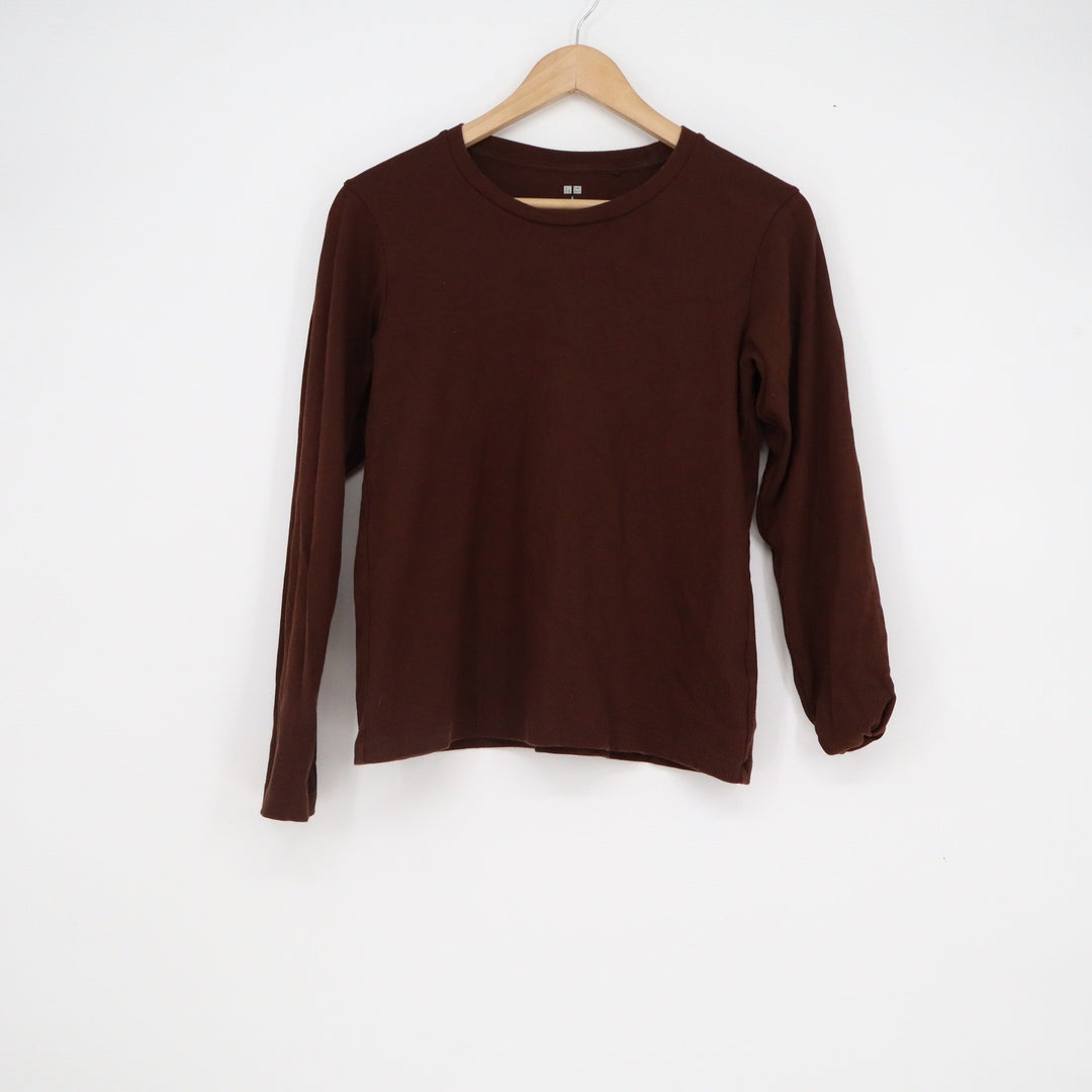Uniqlo Womens Small Brown Long Sleeve Crew Neck Cotton Blend T-Shirt