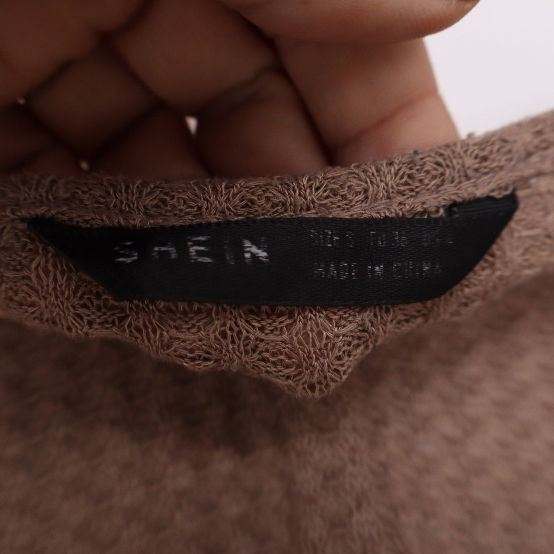 SHEIN Brown Waffle Knit Twist Front Long Sleeve V-Neck Crop Top Size S
