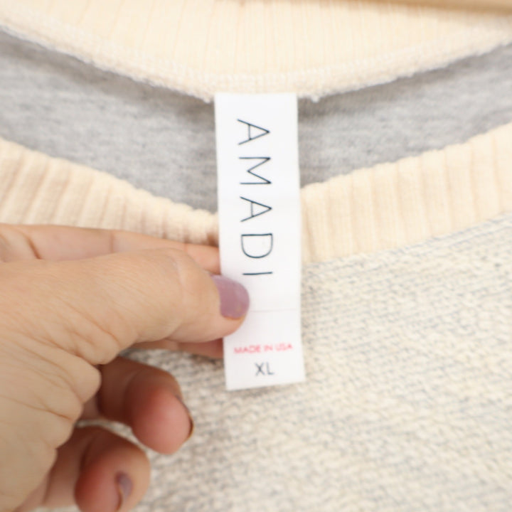 AMADI Grey Cream Colorblock Faux Fur Stripe Sleeve Pullover Top XL Made in USA