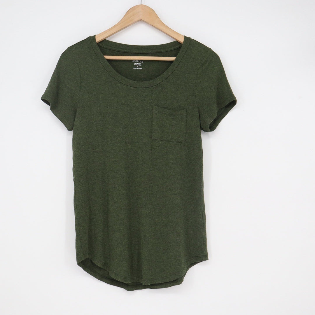 Market & Spruce Olive Green Heather Pocket Scoop Neck Tee XS