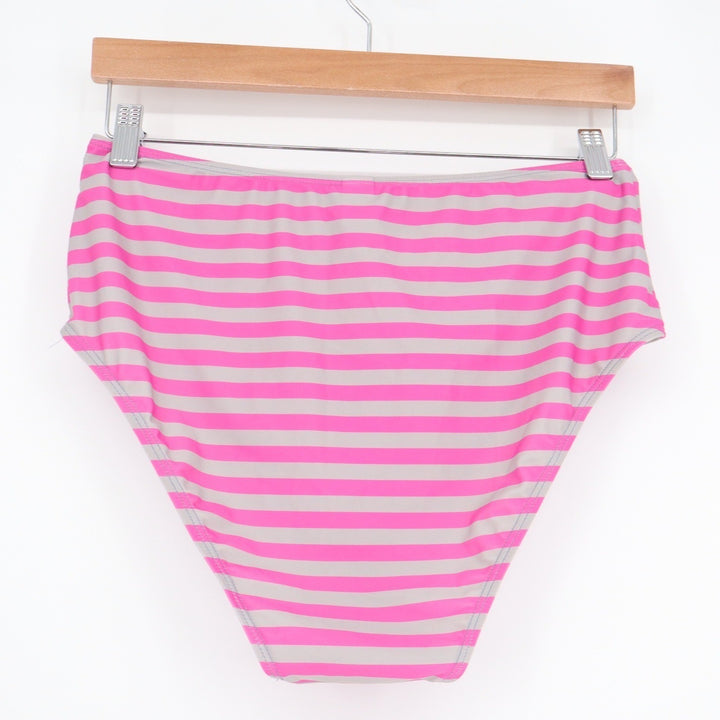 Womens Pink Grey Striped High Waisted Bikini Bottoms Size Large Full Coverage