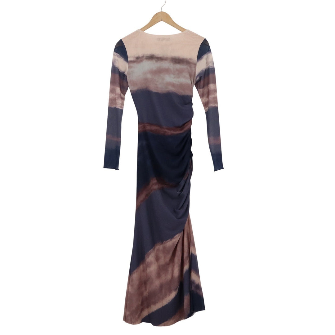 Luxury Women Navy Mauve Tie Dye Ruched Long Sleeve Mesh Maxi Dress Size S