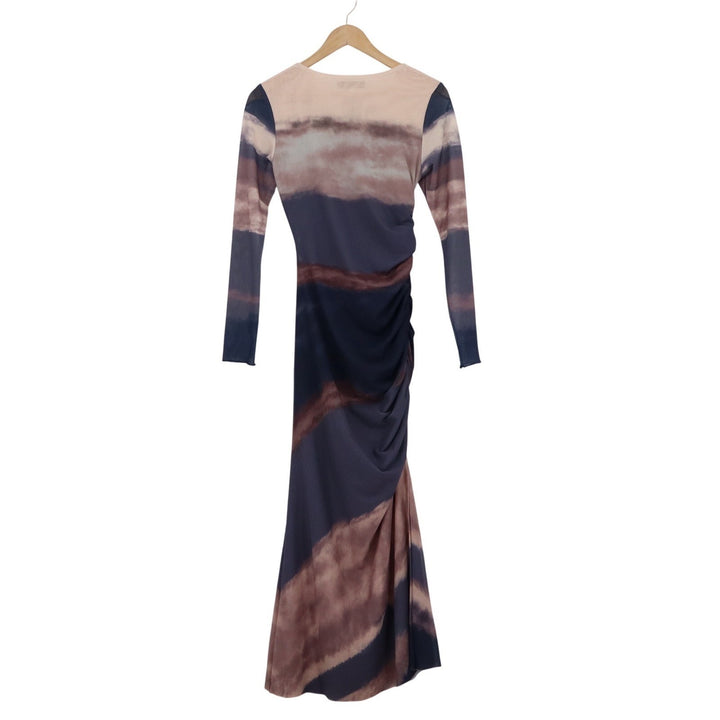 Luxury Women Navy Mauve Tie Dye Ruched Long Sleeve Mesh Maxi Dress Size S
