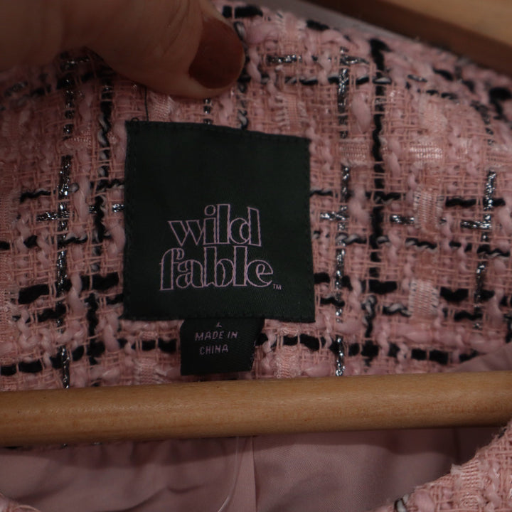 Wild Fable Pink Tweed Cropped Jacket Pearl Button Plaid Large